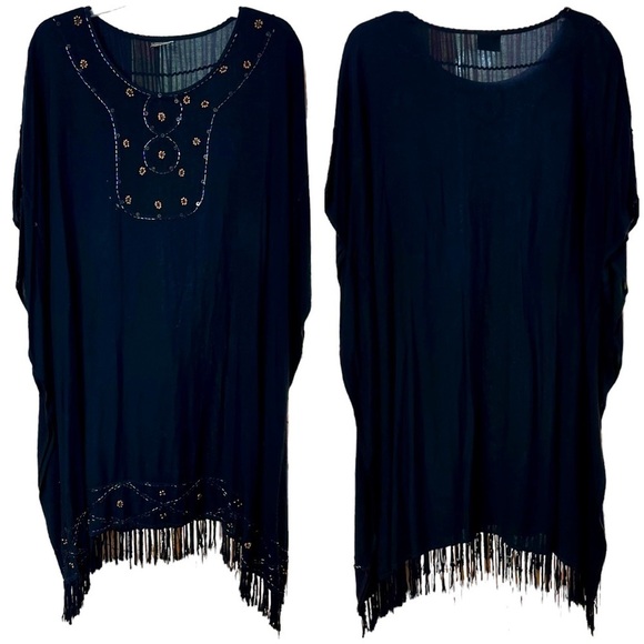 Meetu Magic Boho Kimono Black Beaded Fringe Tassel Hem Arm Holes Cover Up 1XL - Picture 1 of 11